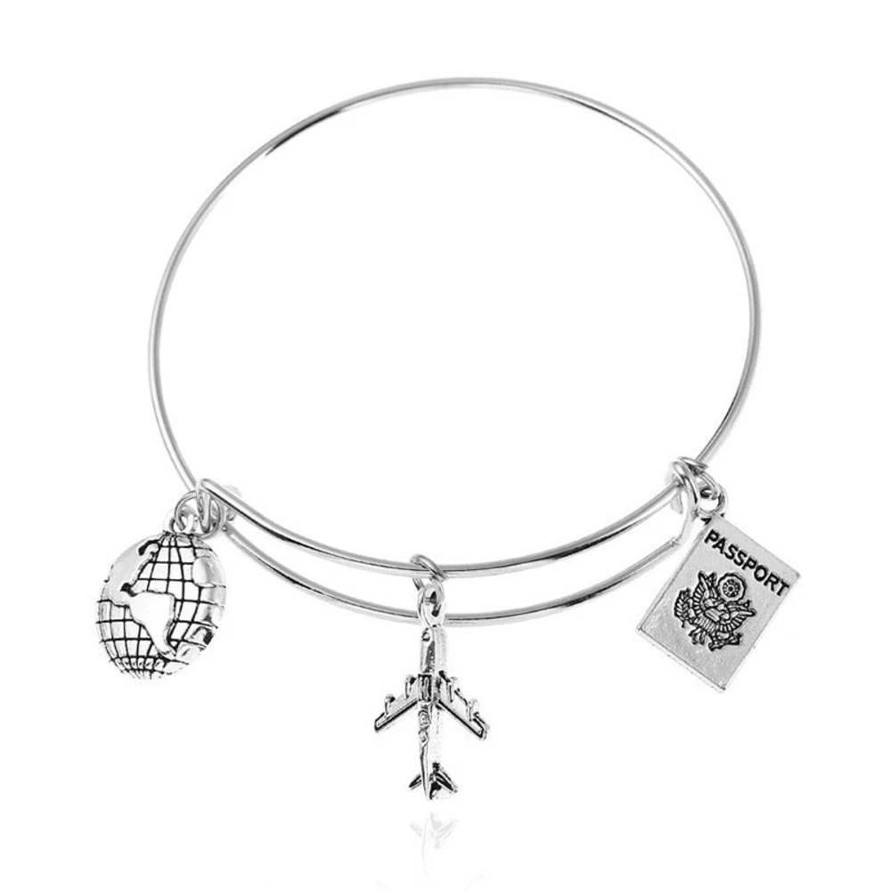 🌎✈️📓 Silver Zinc Alloy Charm Bracelet